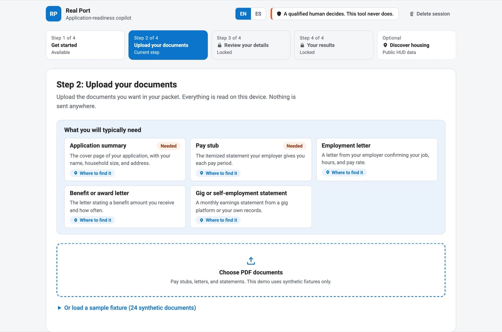RealPort upload step listing the documents a renter typically needs, with guidance on where to find each one