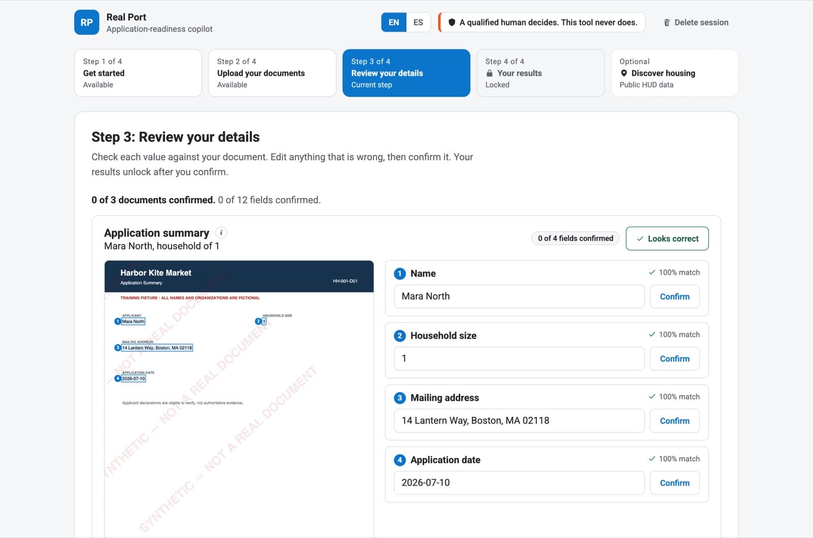 RealPort review step showing numbered evidence markers on a synthetic application document, with per-field confidence and confirm buttons