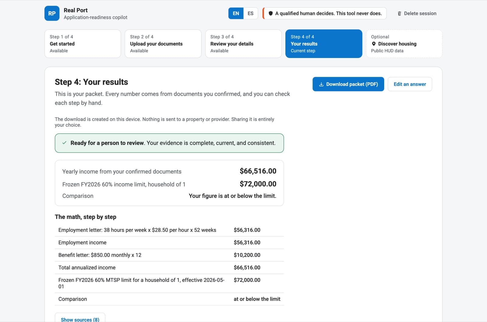 RealPort results step showing annualized income calculated step by step against the frozen FY2026 limit, with a ready-for-review banner and packet download