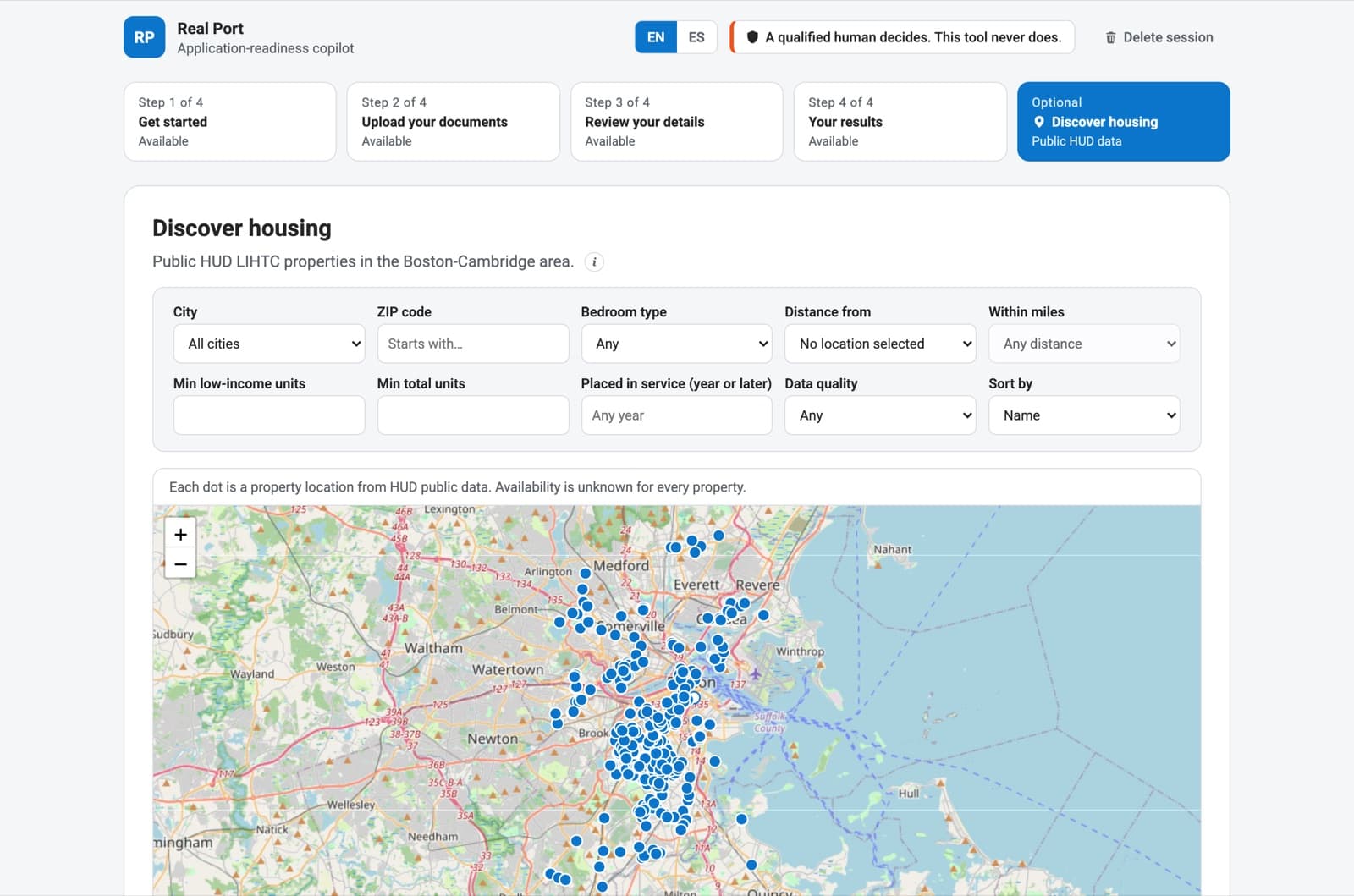 RealPort discover stage showing an interactive map of public HUD LIHTC properties in the Boston-Cambridge area with neutral filters